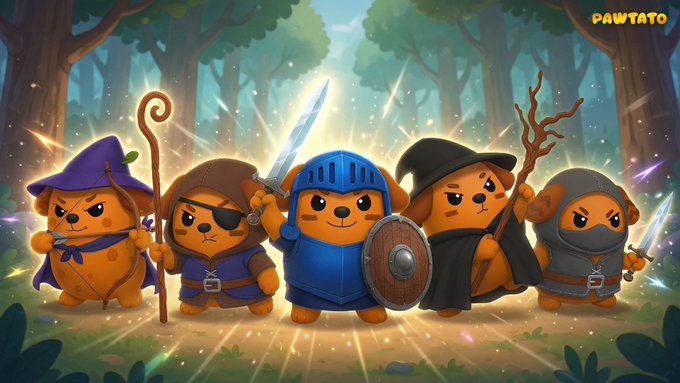 Five cartoon potato characters dressed as fantasy warriors—a wizard, pirate, knight, druid, and warrior—stand in a magical forest, branded with the 'PAWTATO' logo.