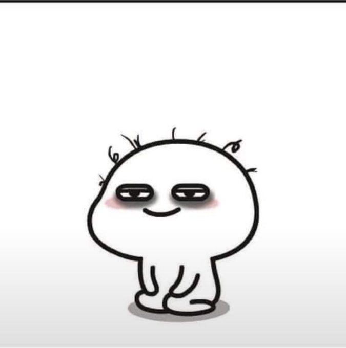 A cartoon character with a large round head, droopy half-closed eyes, blush marks, and a small smile, drawn in a simple line-art style on a white background.