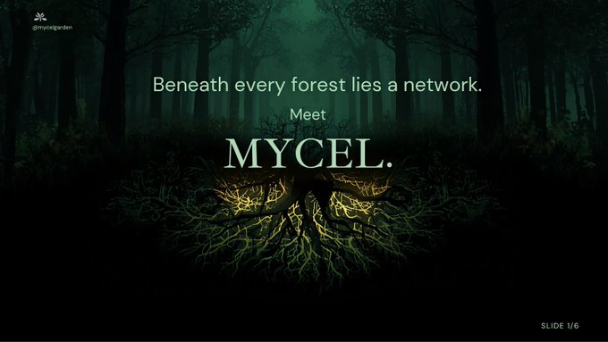 A presentation slide with a dark forest background featuring glowing yellow roots beneath the text 'Beneath every forest lies a network. Meet MYCEL.'