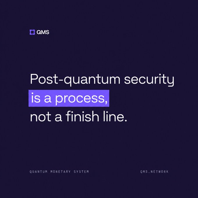 A dark purple graphic from QMS (Quantum Monetary System) featuring the QMS logo and the tagline "Post-quantum security is a process, not a finish line." with "is a process," highlighted in purple, alongside footer text reading "QUANTUM MONETARY SYSTEM" and "QMS.NETWORK."

The image's message reinforces the post's theme by emphasizing that post-quantum migration is an ongoing effort rather than a one-time achievement—fitting given that Bitcoin's BIP-360 and BIP-361 remain unactivated drafts in this September 2026 snapshot.