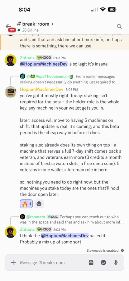 A Discord chat screenshot in the #break-room channel shows users discussing staking, machines, and beta periods, with messages from Zidualz, HopiumMachinesDev, and PepeTheJuiceman.