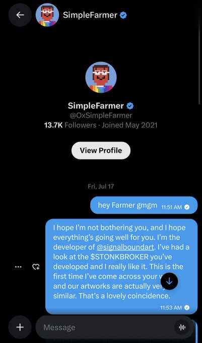 A direct message conversation with @OxSimpleFarmer showing a message from Signalbound, referencing the $STONKBROKER project. The accompanying post highlights the irony of people regretting fading SimpleFarmer despite having praised his work before launch.