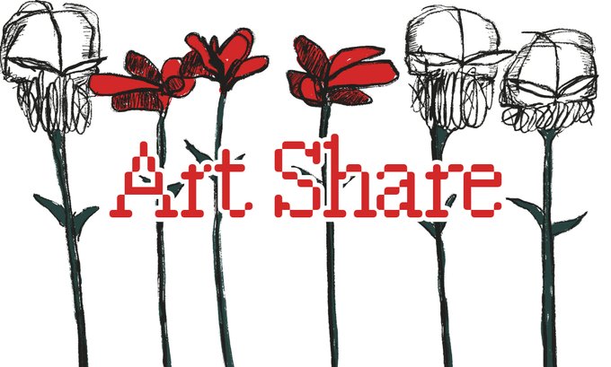 An artistic illustration featuring the text 'Lit. Share' in red pixel-style font, surrounded by sketches of flowers—some colored red and others drawn as black-and-white outlines.