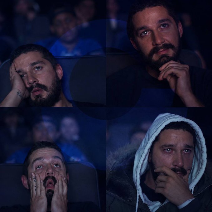 The image is a meme showing Shia LaBeouf in a dark movie theater displaying various expressions of shock, disbelief, and stunned silence in a four-panel grid.

The meme humorously captures the post's sentiment about crypto Twitter (CT) users melting down over small $40 airdrops while ignoring Coinbase's massive $6.6 billion annual revenue, using LaBeouf's exaggerated reactions to emphasize the absurdity of the situation.