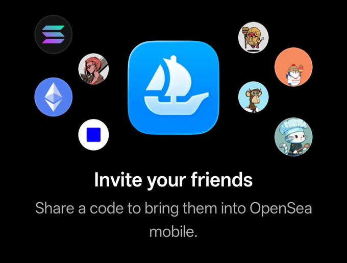 An OpenSea mobile app promotional screen with a blue sailboat icon in the center, surrounded by NFT avatar tokens, with the text 'Invite your friends — Share a code to bring them into OpenSea mobile.'