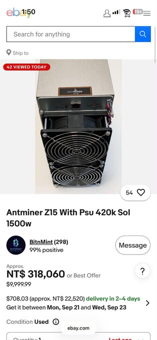An eBay listing showing a used Antminer Z15 cryptocurrency miner with PSU, priced at NT$318,060 or Best Offer of $9,999.99, sold by BitnMint (298).