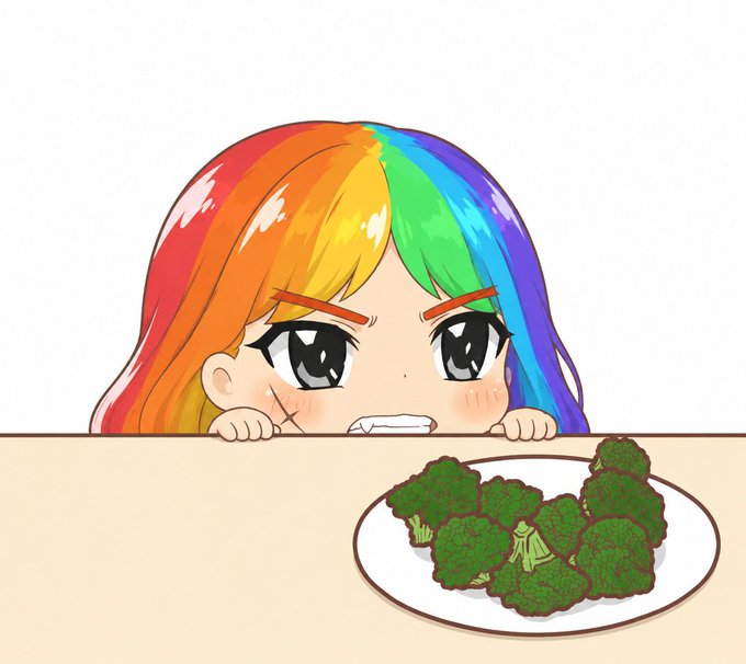 An anime-style girl with rainbow-colored hair angrily stares at a plate of broccoli, gripping the edge of the table.