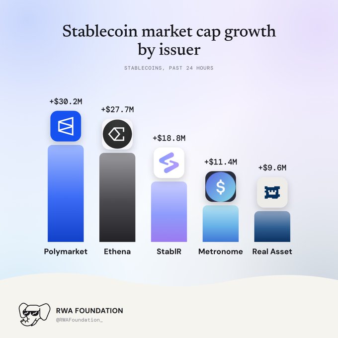 An infographic titled 'Stablecoin market cap growth by issuer' for the past 24 hours, showing Polymarket (+$30.2M) leading, followed by Ethena, StablR, Metronome, and Real Asset, by RWA Foundation.