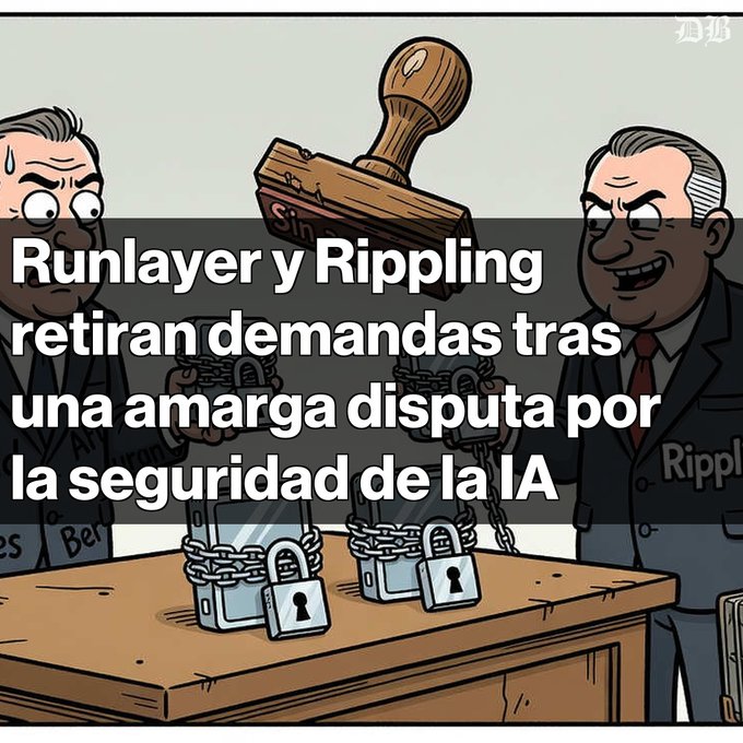 A cartoon illustration with Spanish text reading 'Runlayer y Rippling retiran demandas tras una amarga disputa por la seguridad de la IA', depicting two men beside a table with chains and locks while a stamp looms overhead.