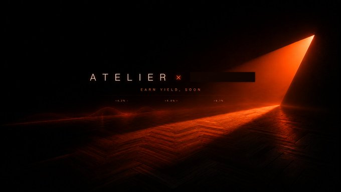 The image shows an orange light shining from the top right corner of the frame onto a dark background with a wooden floor patterned with zigzag lines. The text "Atelier" is displayed above the light, and there are two other texts below it that read "Good Titles, Soon." This suggests that the image might be related to an advertisement or promotional material for Atelier, possibly featuring the company's name and a visual representation of their work in creating captivating content.