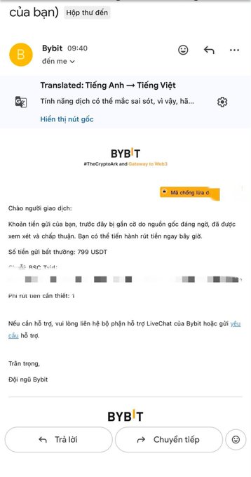 A translated email screenshot from 'Bybit' addressed to 'Dear Valued Customer', warning about a faulty withdrawal feature and mentioning a free withdrawal quota of '799 USDT'.