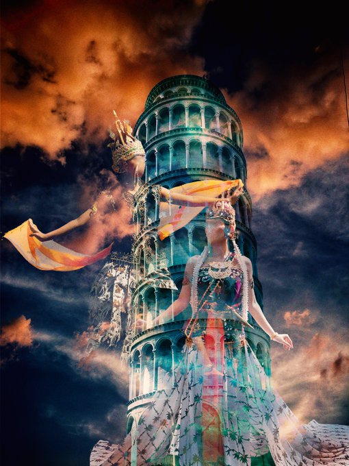 A surreal digital composite image featuring figures in elaborate traditional attire and golden crowns positioned against a dramatic sky and a green domed tower.