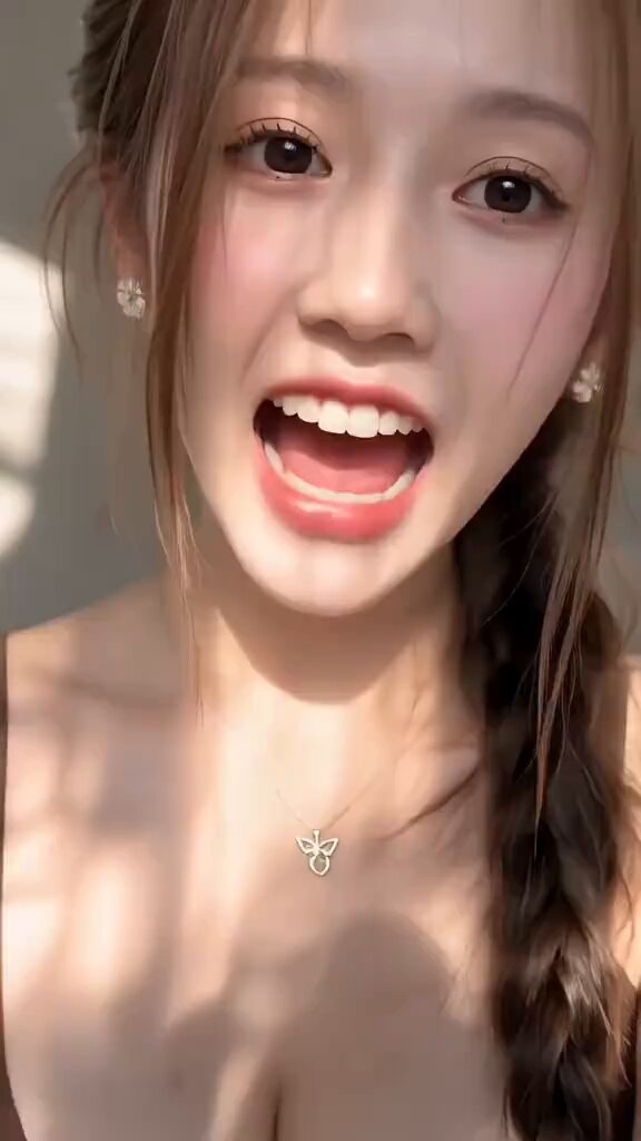 The image features a young woman with long brown hair, wearing a necklace, and she has her mouth open wide as if she's making a funny or surprised face for the camera. The photo appears to be taken from behind her, giving an interesting perspective on her expression. The background of the image is blurred, drawing attention to the woman in focus.