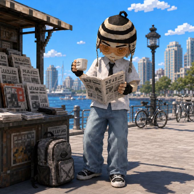 A 3D-rendered scene of a stylized character wearing a striped beanie and sunglasses, reading a newspaper while holding a cup, set against a city waterfront backdrop.