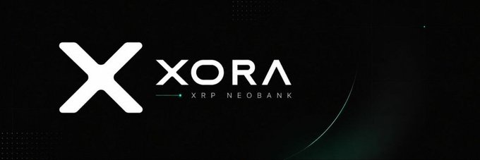 A dark banner for XORA, labeled as an XRP NEOBANK, featuring a large stylized white X logo.