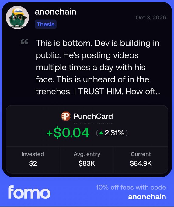 Image 8: A screenshot of a social media post from user 'anonchain' promoting PunchCard with a current value of $84.9K, featuring a promo code for the Fomo app.
