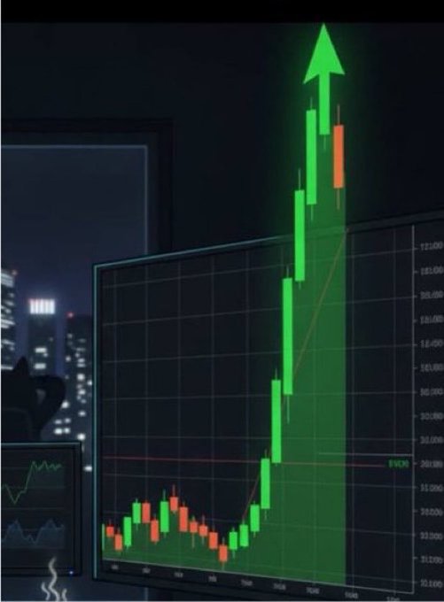 A nighttime trader setup featuring a monitor displaying a sharply rising green candlestick chart climbing past $12,000 toward a glowing upward arrow, symbolizing bullish memecoin momentum. The dramatic price surge visually represents the excitement behind the "shill me" prompt seeking the memecoin with the strongest community-driven hype.