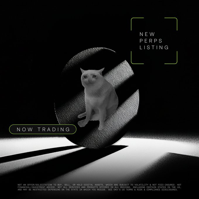 A sleek, monochromatic promotional graphic featuring a white cat seated on a dark, circular platform with dramatic lighting, announcing "$CASHCAT" as a "NEW PERPS LISTING" that is "NOW TRADING." The image ties into the post by visually marketing the new perpetual futures contract, pairing the cat mascot with the official OKX listing announcement.