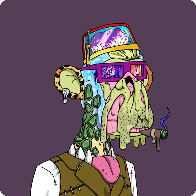 The image features a cartoon character wearing a brown vest and glasses, with a green plant growing out of its head. The character also has a pipe in their mouth and a tie around their neck. The background is purple, which complements the overall color scheme of the image. The caption reads "YERRRRRR GM Family Today is a momentous day....I'VE returned back to Monke...Special shout".