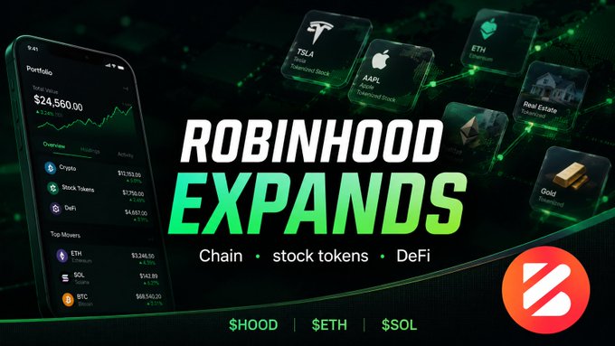 A promotional graphic announcing 'ROBINHOOD EXPANDS' into Chain, stock tokens, and DeFi, showing a phone display with a $24,560 portfolio and tickers $HOOD, $ETH, and $SOL.