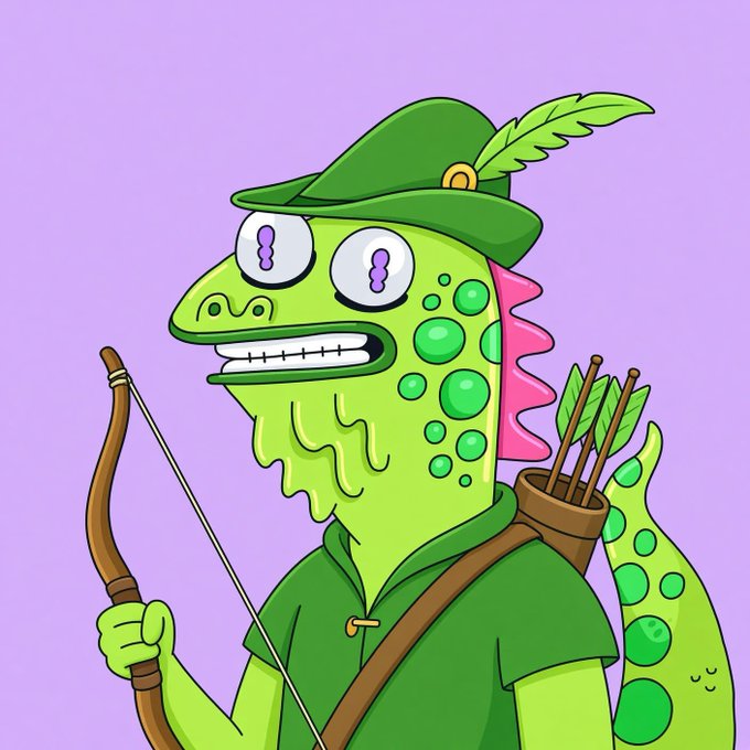 A cartoon illustration of a green reptilian creature dressed as Robin Hood, wearing a green hat with a feather, holding a bow, and carrying a quiver of arrows on a purple background.