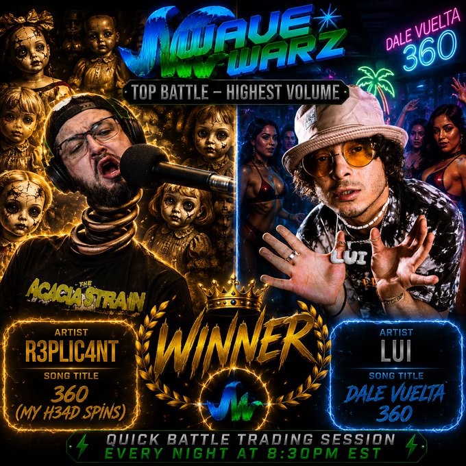 A promotional graphic for 'WAVE WARZ' announces the winner of a 'TOP BATTLE – HIGHEST VOLUME' between R3PLICANT (song: 360 - My H34D Spins) and LUI (song: Dale Vuelta 360), with LUI declared the winner, and notes a quick battle trading session every night at 8:30PM EST.