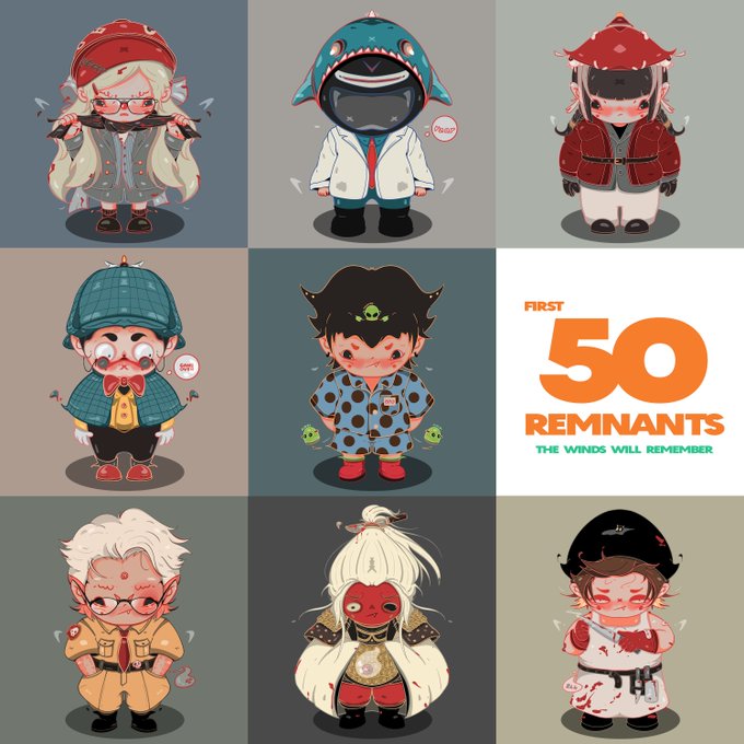 A 3x3 grid of chibi character illustrations includes a white panel reading "FIRST 50 REMNANTS" and "THE WINDS WILL REMEMBER."