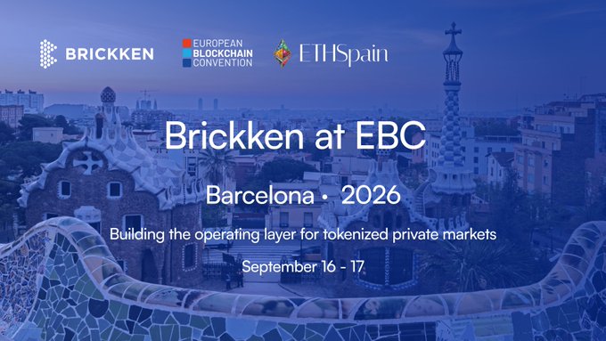 Promotional banner for 'Brickken at EBC - Barcelona 2026', co-branded with European Blockchain Convention and ETHSpain, set against the Park Güell skyline, dated September 16-17, with the tagline 'Building the operating layer for tokenized private markets'.