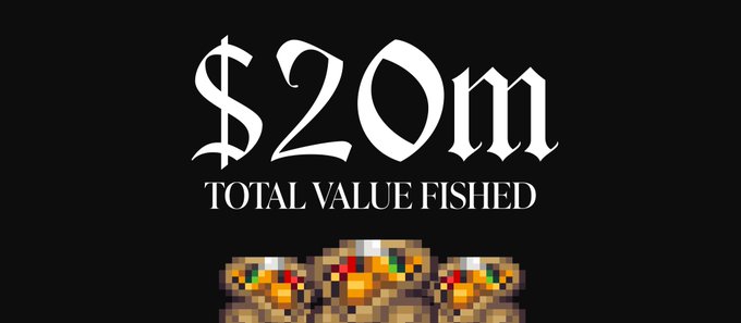 Graphic displaying '$20m TOTAL VALUE FISHED' in large white text above pixelated fish illustrations on a black background.