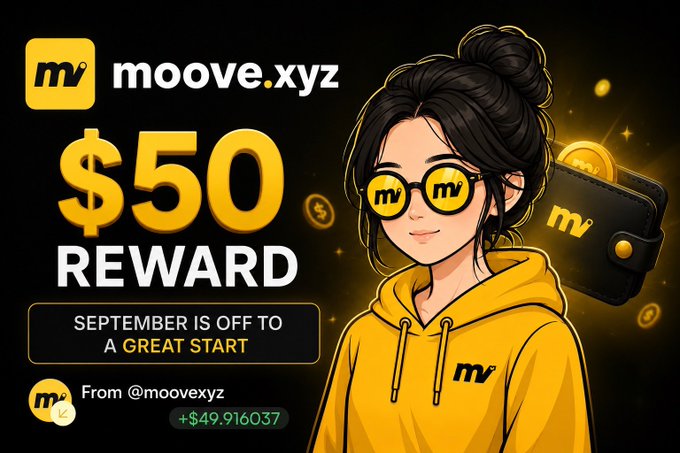 A promotional graphic for **moove.xyz** announces a **$50 reward from @moovexyz**, featuring a yellow-and-black cartoon character, coins, and the message **“September is off to a great start.”** The displayed gain of **+$49.916037** complements the post’s celebration of the payout and pursuit of more wins.