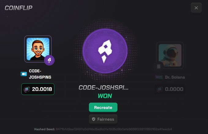 A Coinflip game result screen showing "CODE-JOSHSPINS" defeating "BOT Dr. Solana" with a winning purple Solana token flip, displaying 20.0018 SOL won and the recreated code "CODE-JOSHPI..." — promoting the @spumpio platform's 0.5 SOL giveaway referenced in the post.