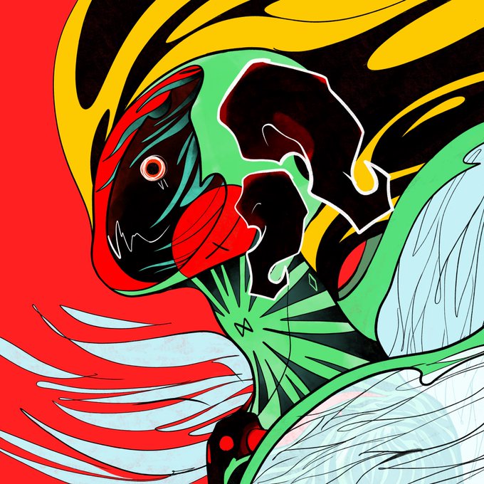 A vibrant, stylized digital illustration features an abstract character with flowing green and red colors, a single glowing eye, and dark jagged teeth against a red and black background.