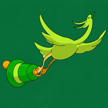 A cartoon green bird, resembling Robin Hood's mascot, is shown in mid-flight holding what appears to be a green and yellow striped object, fitting the description of Robinhood's hidden mascot used for chart alerts within the app.