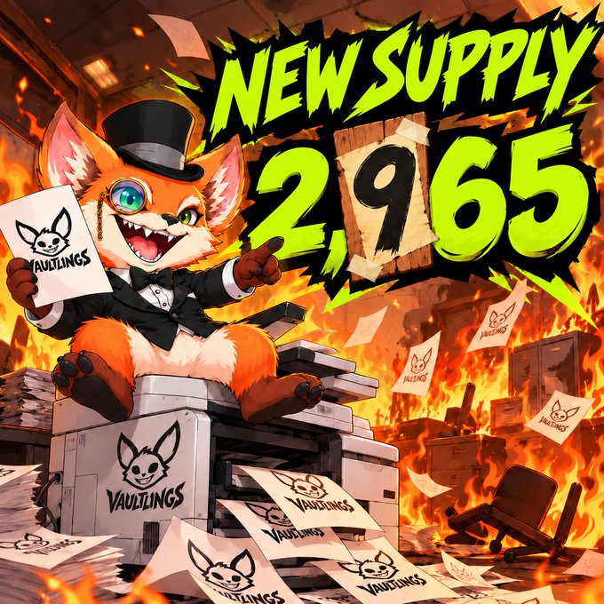 A promotional graphic for “VAULTINGS” reads “NEW SUPPLY 2965” and shows a cartoon orange fox in a tuxedo amid flames, papers, boxes, and branded sheets.