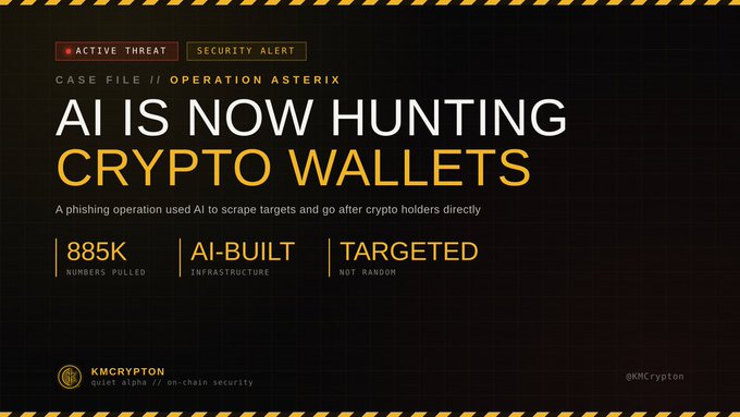 The image is a security alert graphic from KMCrypton titled "AI IS NOW HUNTING CRYPTO WALLETS" under "Operation Asterix," highlighting that an AI-powered phishing operation scraped data from 885K phone numbers and targeted crypto holders. It visually emphasizes the scale and sophistication of the threat described in the accompanying post.