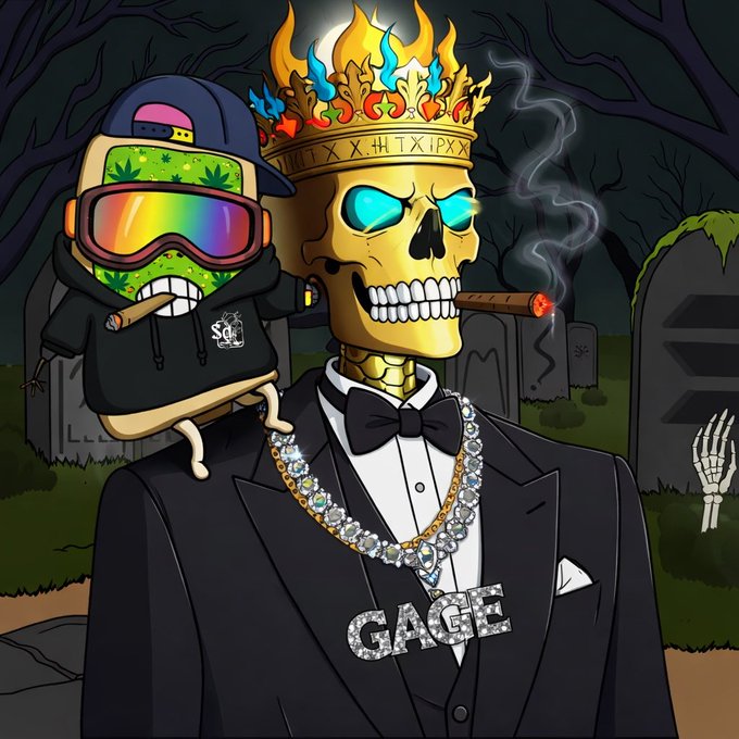 A digital illustration features a skeleton wearing a flaming crown, sunglasses, a suit with diamond chains, and a "GAGE" nameplate, holding a cigar in a graveyard setting with a small cannabis-leaf-headed character in a hoodie.