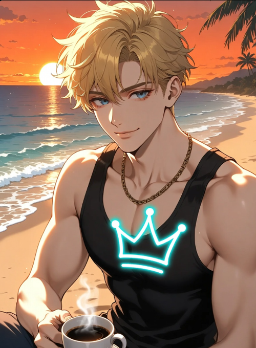 A muscular blonde anime-style man in a black tank top with a glowing cyan crown logo sits on a tropical beach at sunset, holding a steaming cup of coffee. The image ties to the post's theme of waiting for TermMaxFi's TGE news, with the glowing crown symbol potentially representing the project's branding alongside the relaxed, anticipatory sunset atmosphere.