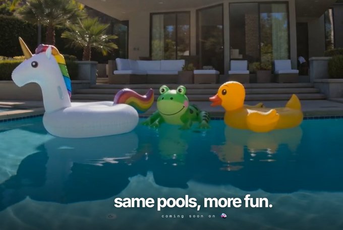 A pool advertisement showing inflatable pool toys (a unicorn, frog, and duck) floating in a swimming pool with the tagline 'same pools, more fun. coming soon on' and a small logo.