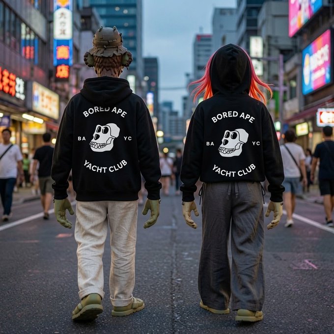 The image shows two people walking down a city street, both wearing black hoodies with white text that reads "Bored Ape Yacht Club". The person on the left has a hat on their head, while the other person has a backpack slung over their shoulder. They are walking in opposite directions and appear to be enjoying themselves despite being bored by the world around them.

The post is about a group of people who have decided to join an unconventional club called "Bored Ape Yacht Club". The members of this club, known as the "Badassbunnyy", seem to be having fun exploring the city together and sharing their experiences with others through social media.