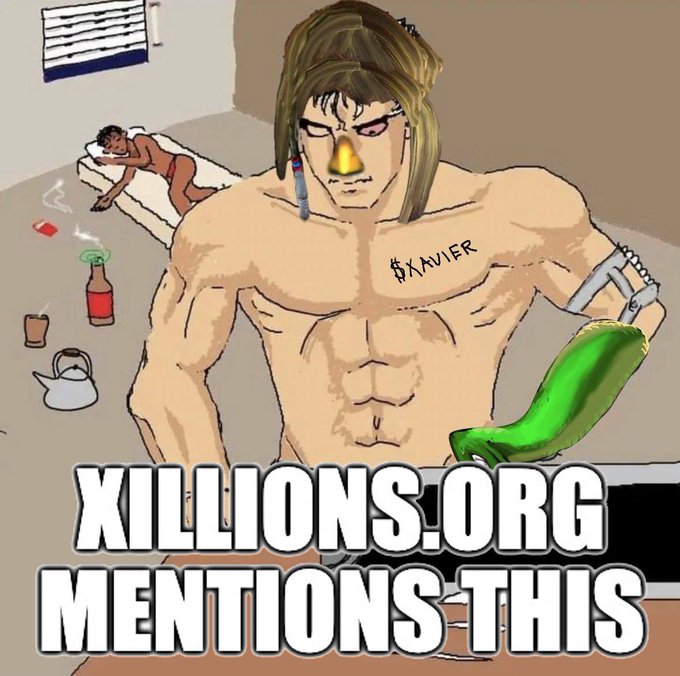 An illustrated meme showing a muscular, angry-looking man with a 'XAVIER' tattoo holding a green bottle, with text reading 'XILLIONS.ORG MENTIONS THIS'.