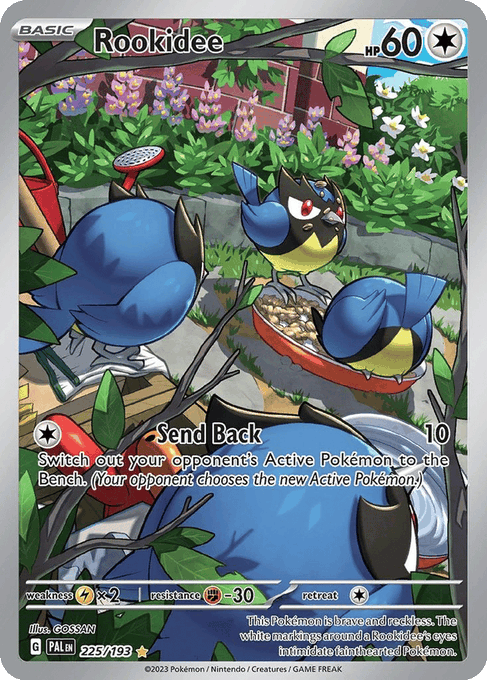 A Pokémon trading card featuring 'Rookidee' with 60 HP, depicting the bird Pokémon in a garden setting, with an attack called 'Send Back'.