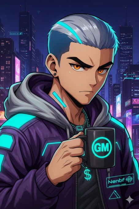 Anime-style illustration of a serious-looking man with gray hair and orange eyes wearing a purple cyberpunk jacket, holding a black mug with 'GM' on it, with 'Nenbf' text and a neon cityscape in the background.
