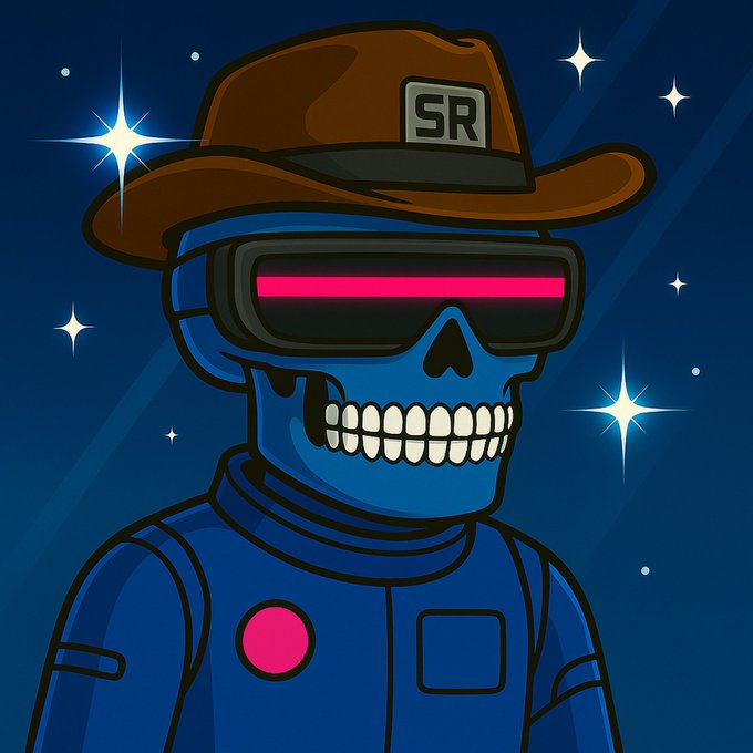 Illustration of a blue skeletal astronaut character with a cowboy hat marked 'SR' and pink glowing goggles against a starry background.