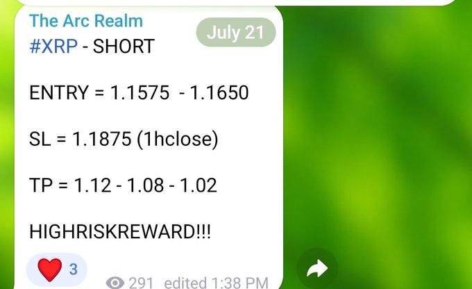 A Telegram message from 'The Arc Realm' dated July 21 showing a #XRP short trade setup with entry at 1.1575-1.1650, stop loss at 1.1875, and take profit targets at 1.12/1.08/1.02, labeled as 'HIGHRISKREWARD!!!'.