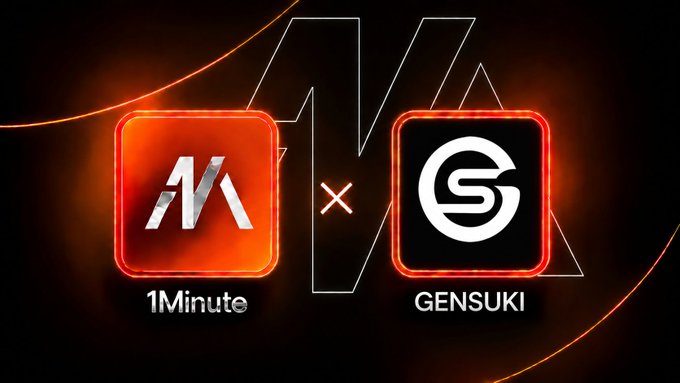 A collaboration graphic with two red-bordered logo boxes showing '1Minute' and 'GENSUKI' separated by a multiplication symbol.