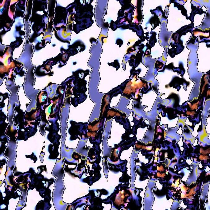 An abstract, distorted image with warped vertical streaks of purple, black, and multicolored patches.