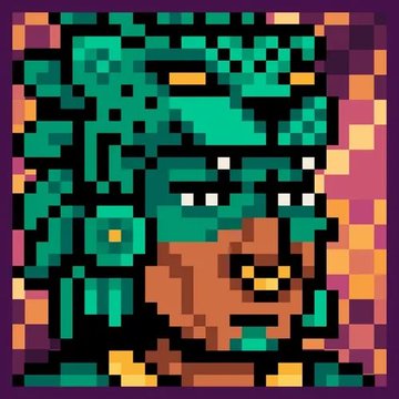Pixel art portrait of a figure with voluminous teal-green curly hair and brown skin against a checkered purple and orange background.