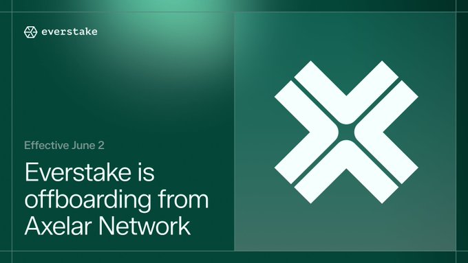 The image shows a green banner with white text that says "EVERSTake is offering offboarding from Axelar Network" and "effective June 2". The text also mentions that the Axelar network will be closing down their validator on this date, which means users need to undelegate or undelegate their tokens before June 2.