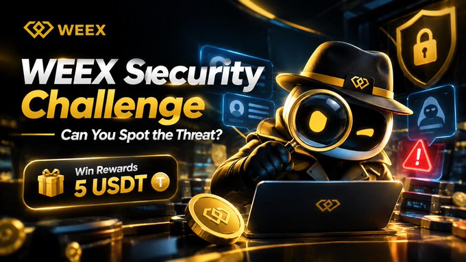 A promotional banner for the "WEEX Security Challenge" features a detective mascot with a magnifying glass alongside "Win Rewards 5 USDT" and shield iconography, tying into a contest where participants identify scam red flags—such as fake support agents requesting passwords—to be entered to win one of 20 × 5 USDT prizes between Oct 14–18 (UTC).