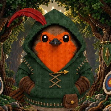 A digital illustration of a small orange bird wearing a green Robin Hood-style hooded tunic with a red feather, standing in a forest setting with a bow and arrows visible.